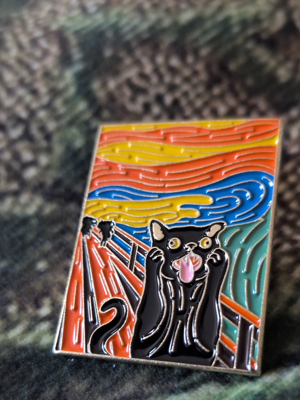 Black Cat Parody Enamel Pin - Van Gogh's Screaming Man Colorful Sunrise Design